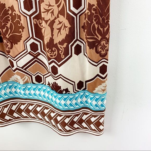 Hale Bob Multicolor Brown/White/Turquoise Geo Print Sleeveless Silk Dress Boho - Picture 7 of 12